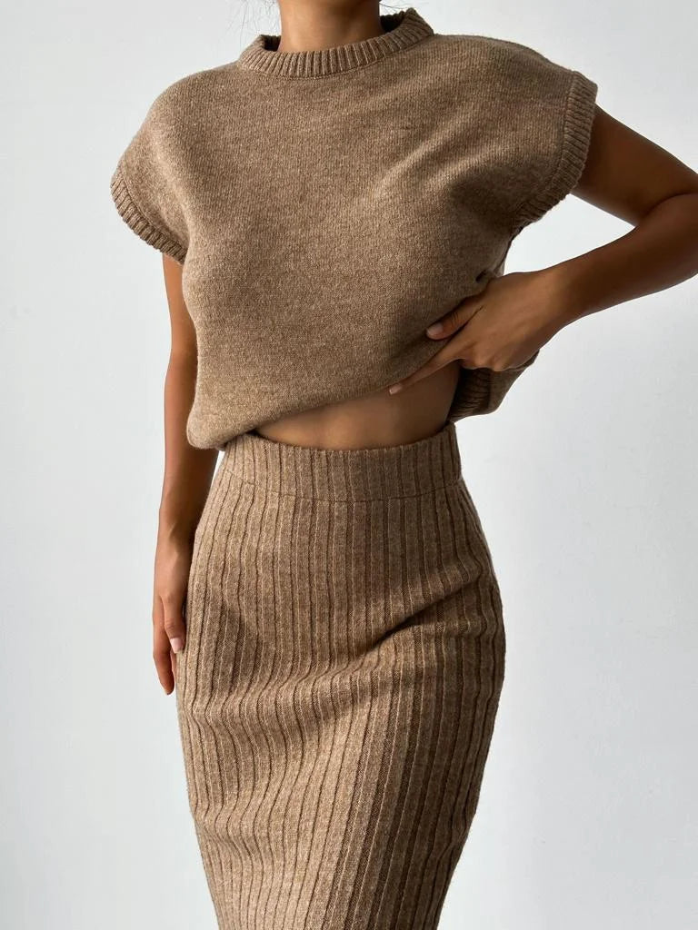 Attire | Elegant Sleeveless Vest and Knitted Skirt